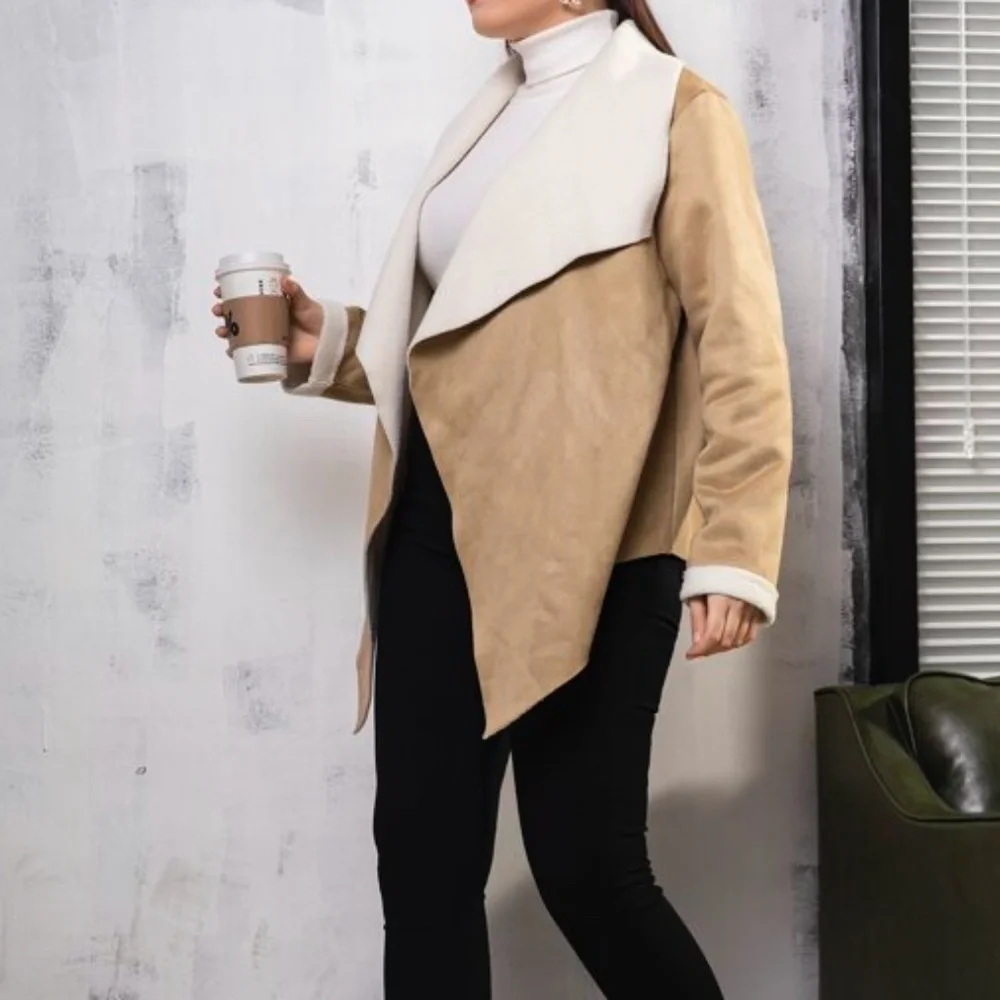 Plus Khaki Tan Vegan Suede Open Front Waterfall Jacket - Picture 2 of 4